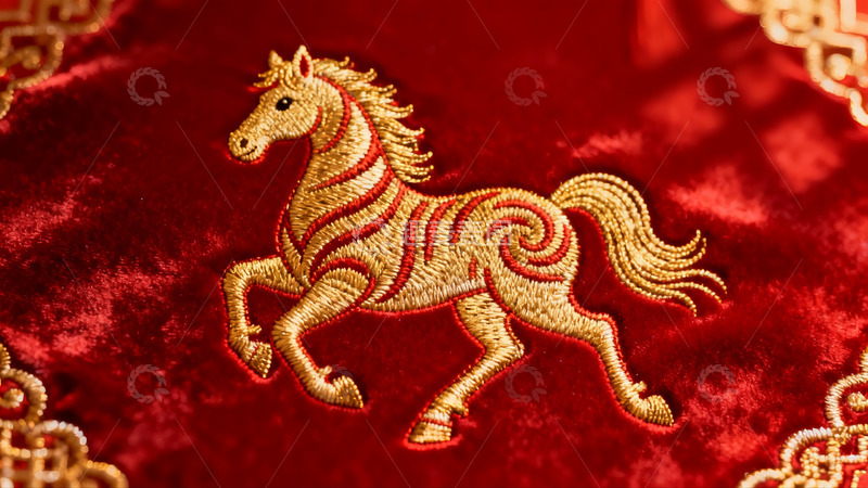 高清大图下载【趣麦麦图】红色布料上的金色马刺绣图案