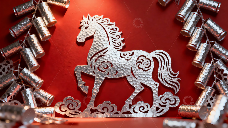 高清大图下载【趣麦麦图】红色背景上的银色马形剪纸
