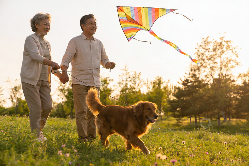高清大图下载【趣麦麦图】老年夫妇放风筝遛狗