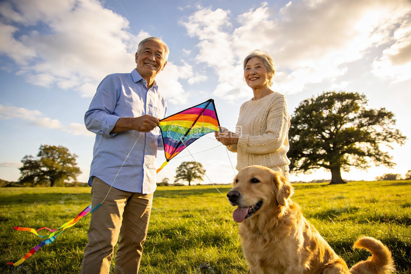 高清大图下载【趣麦麦图】老年夫妇放风筝与宠物狗