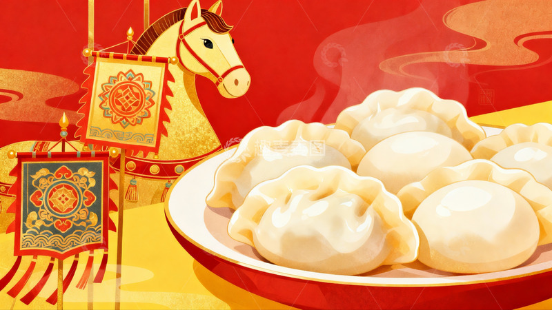 高清大图下载【趣麦麦图】春节饺子与马年装饰插画