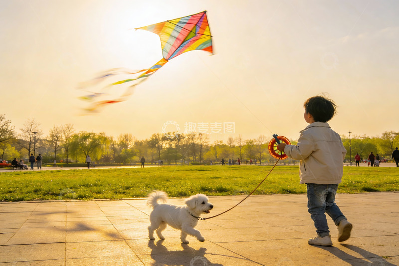 高清大图下载【趣麦麦图】小男孩公园放风筝与小狗同行