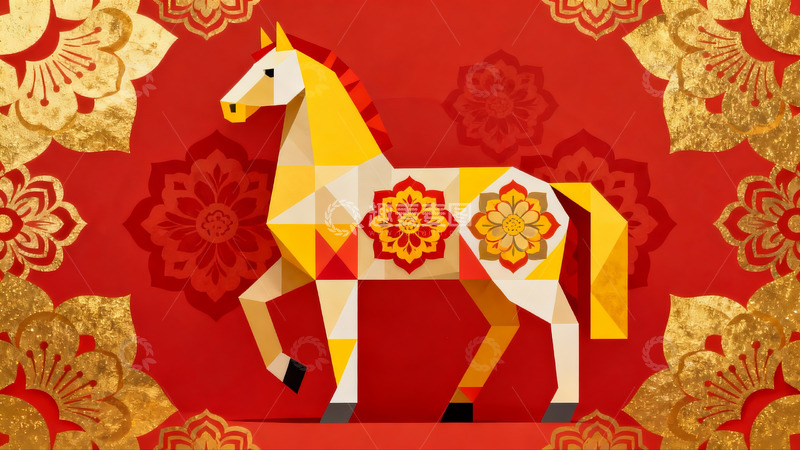 高清大图下载【趣麦麦图】红色背景几何马图案艺术画