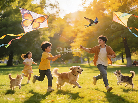阳光下亲子放风筝欢乐奔跑