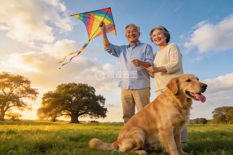 高清大图下载【趣麦麦图】老夫妇放风筝与狗狗同乐
