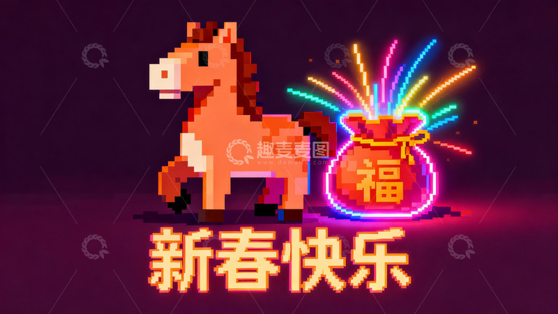 高清大图下载【趣麦麦图】像素风格新年马与福袋图案
