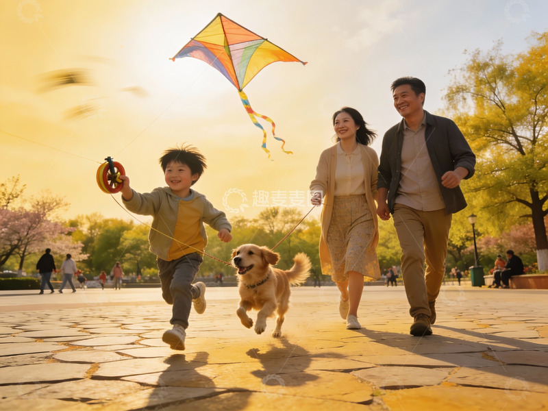 高清大图下载【趣麦麦图】一家三口公园放风筝