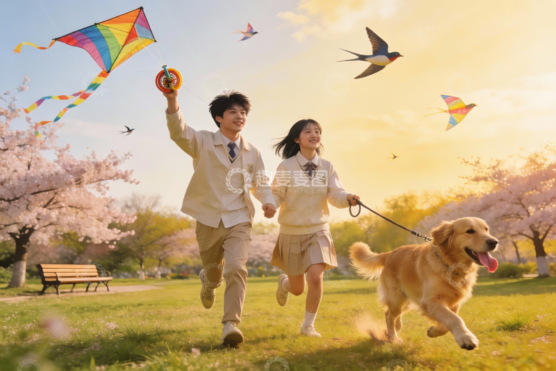 高清大图下载【趣麦麦图】春日公园学生放风筝遛狗