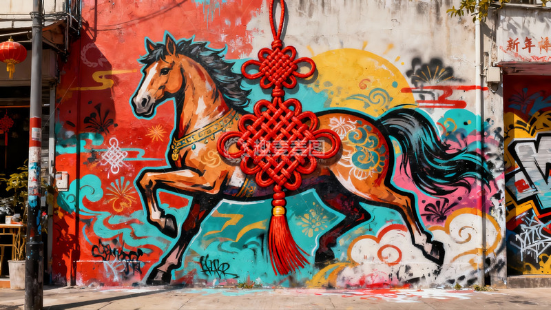 高清大图下载【趣麦麦图】街头壁画骏马与中国结