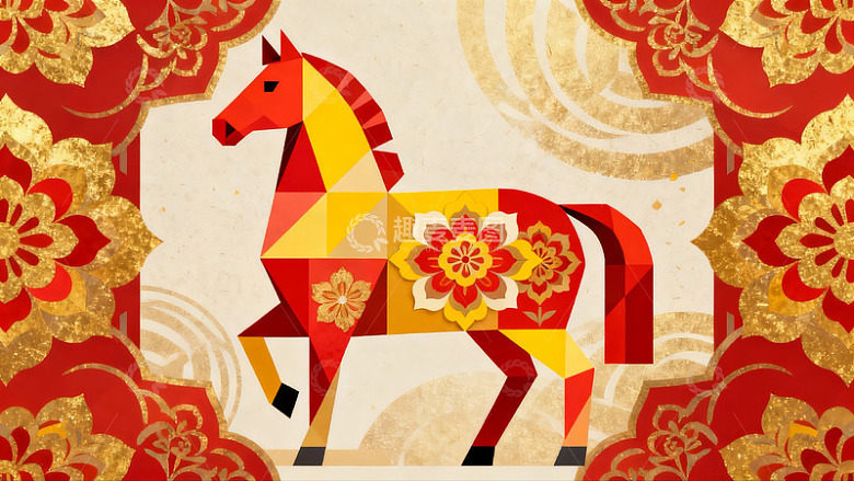红色几何马图案新年装饰画