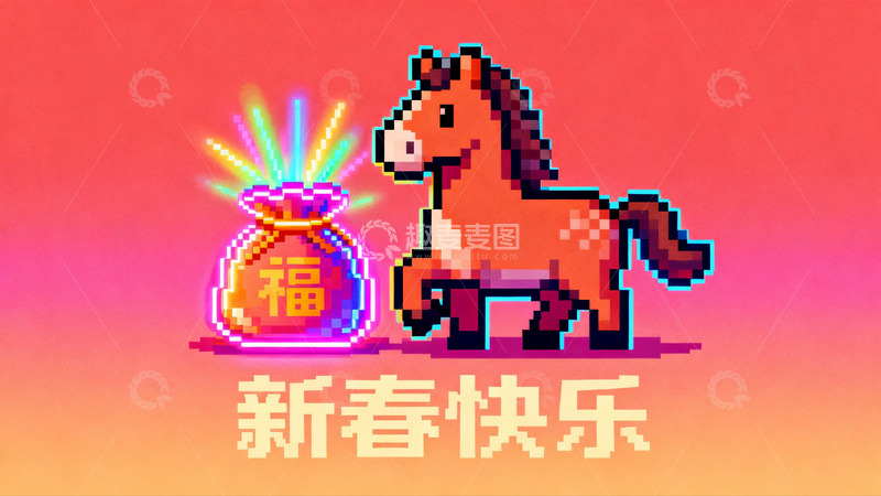 高清大图下载【趣麦麦图】像素风格马年新春祝福图