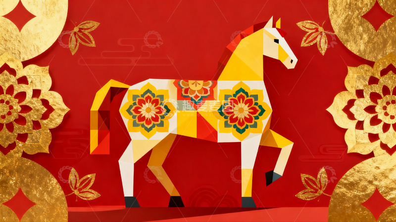 高清大图下载【趣麦麦图】红色背景上的彩色马图案艺术设计