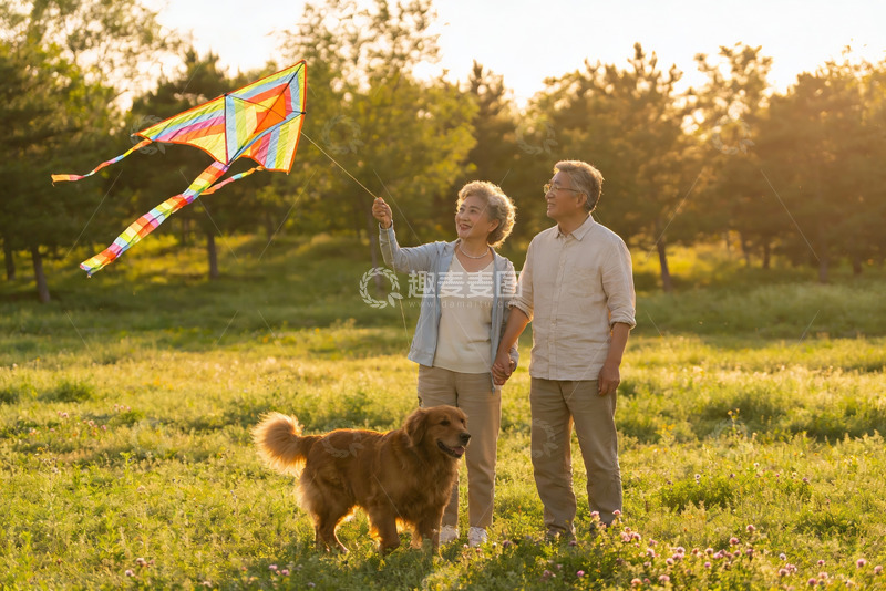 高清大图下载【趣麦麦图】老年夫妇公园放风筝与宠物狗