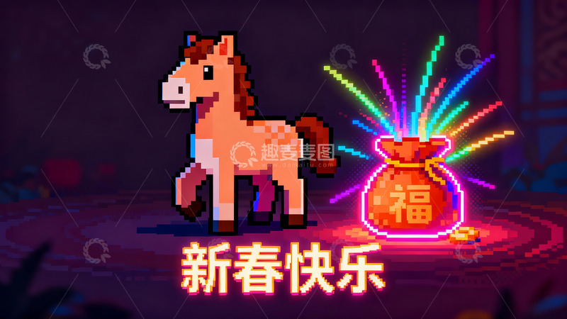 高清大图下载【趣麦麦图】像素风格新春马与福袋