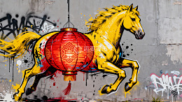 黄色骏马挂红灯笼街头涂鸦