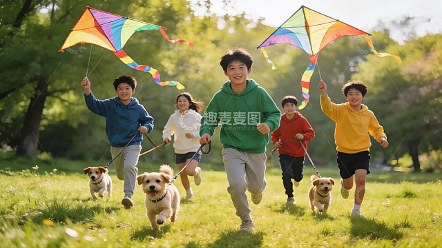 孩子们户外放风筝与宠物奔跑