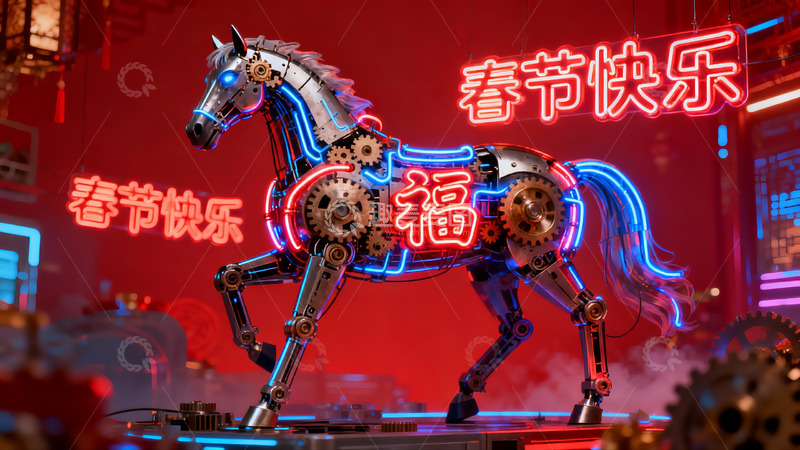 高清大图下载【趣麦麦图】机械马迎新春创意设计