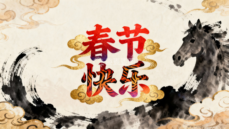 高清大图下载【趣麦麦图】春节快乐水墨画马年祝福