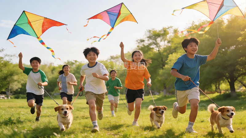 高清大图下载【趣麦麦图】孩子们放风筝与宠物狗奔跑
