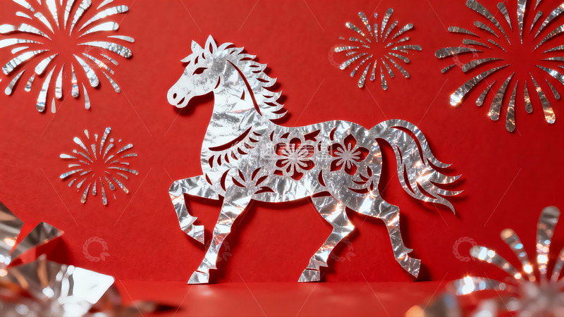 高清大图下载【趣麦麦图】红色背景上的银色马剪纸艺术