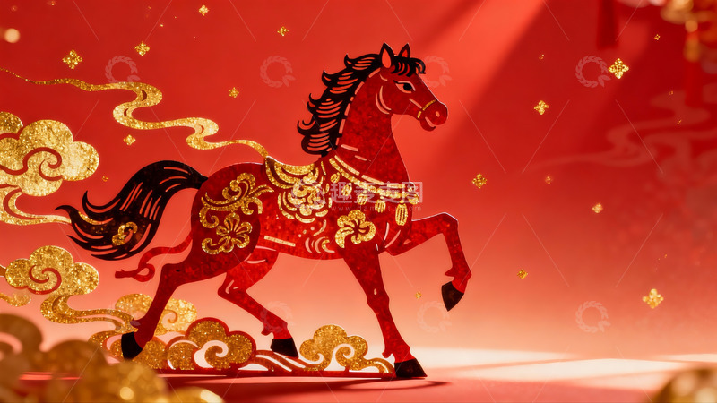 高清大图下载【趣麦麦图】红色剪纸骏马迎春图