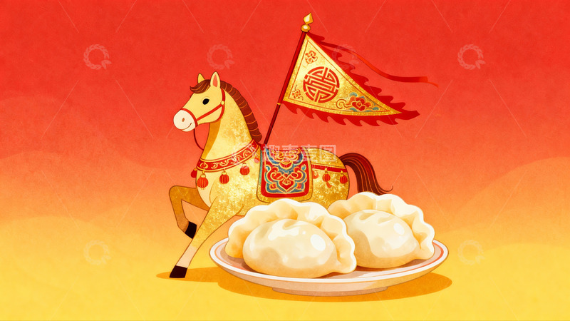 高清大图下载【趣麦麦图】骏马擎旗盘饺迎新春