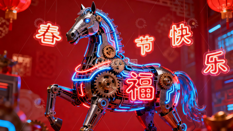 高清大图下载【趣麦麦图】机械马迎新春装饰