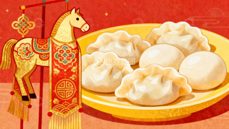 高清大图下载【趣麦麦图】春节饺子与生肖马装饰