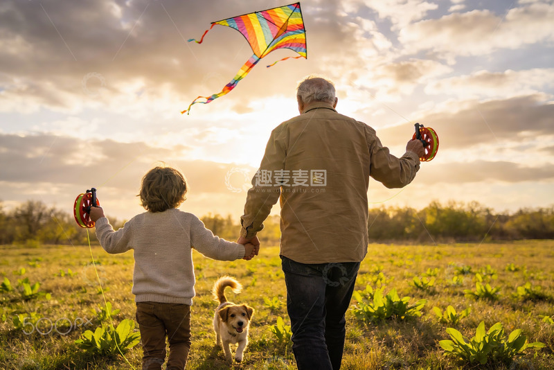 高清大图下载【趣麦麦图】祖孙放风筝田野欢乐时光