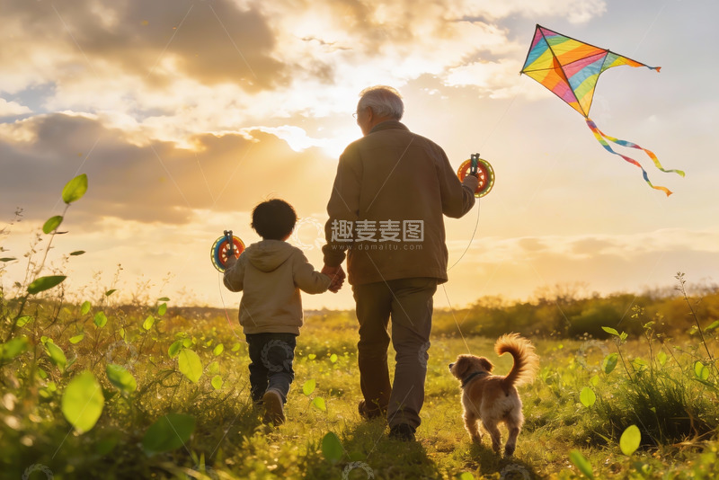 高清大图下载【趣麦麦图】祖孙放风筝田园夕阳