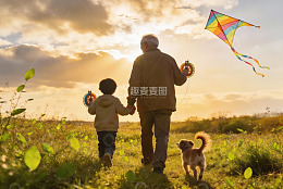 祖孙放风筝田园夕阳