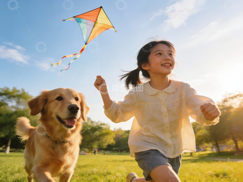 高清大图下载【趣麦麦图】小女孩与金毛犬放风筝