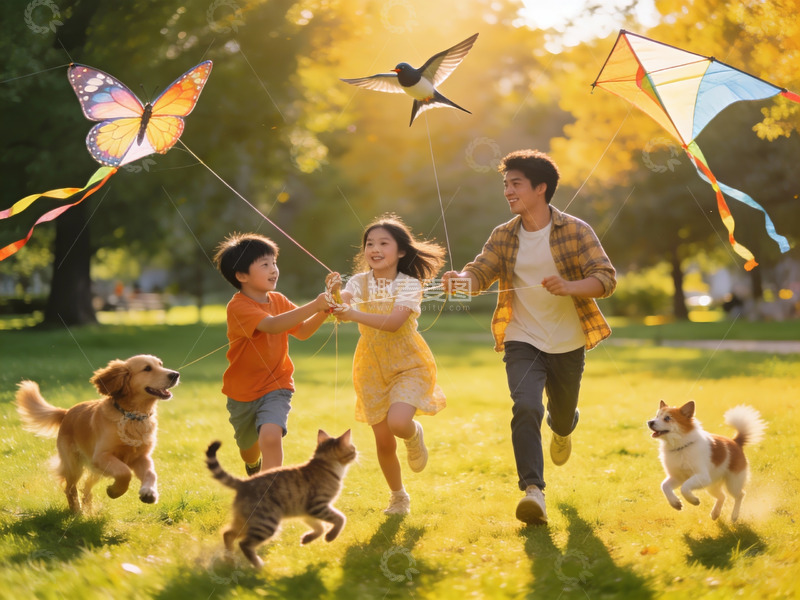 高清大图下载【趣麦麦图】一家三口公园放风筝与宠物嬉戏