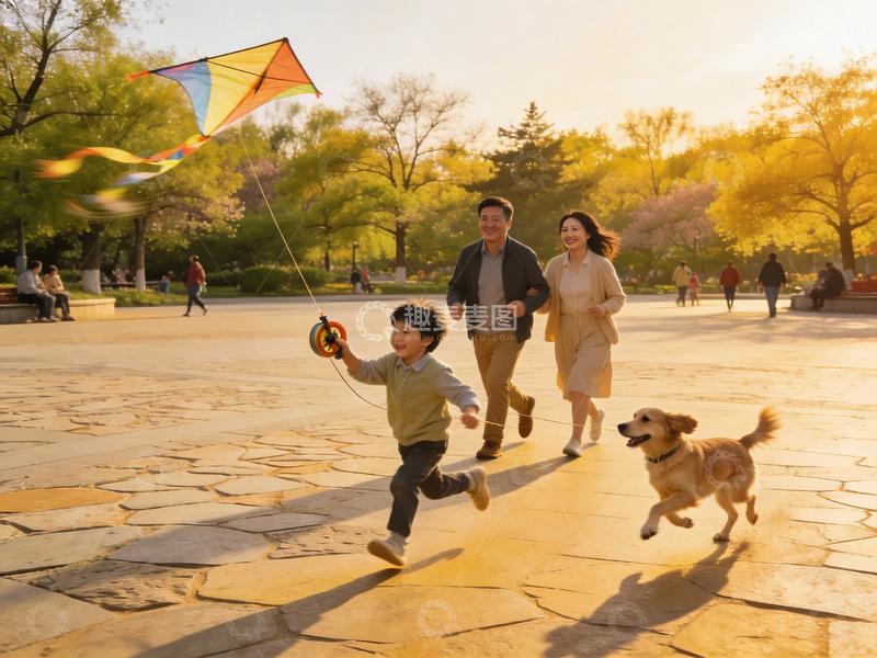 高清大图下载【趣麦麦图】一家三口公园放风筝
