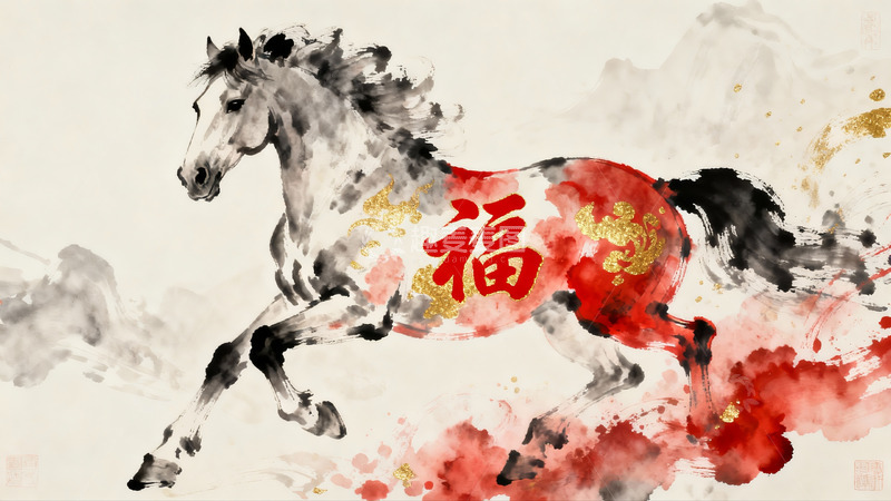 高清大图下载【趣麦麦图】水墨奔马福字图