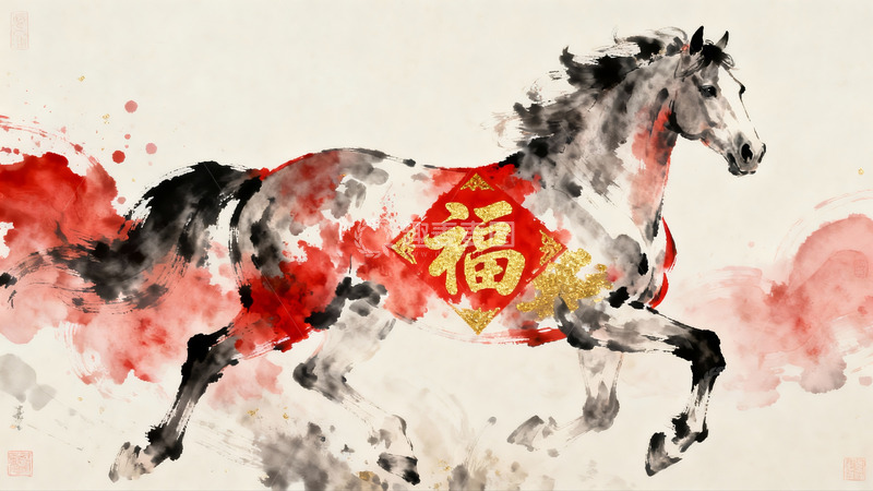 高清大图下载【趣麦麦图】水墨奔马福字图