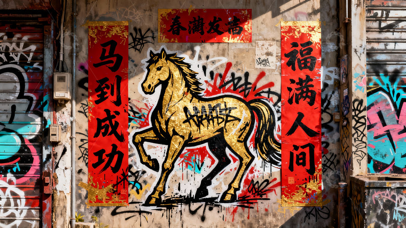 高清大图下载【趣麦麦图】街头壁画金马迎春图