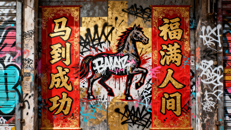 高清大图下载【趣麦麦图】街头涂鸦墙上的马年春联