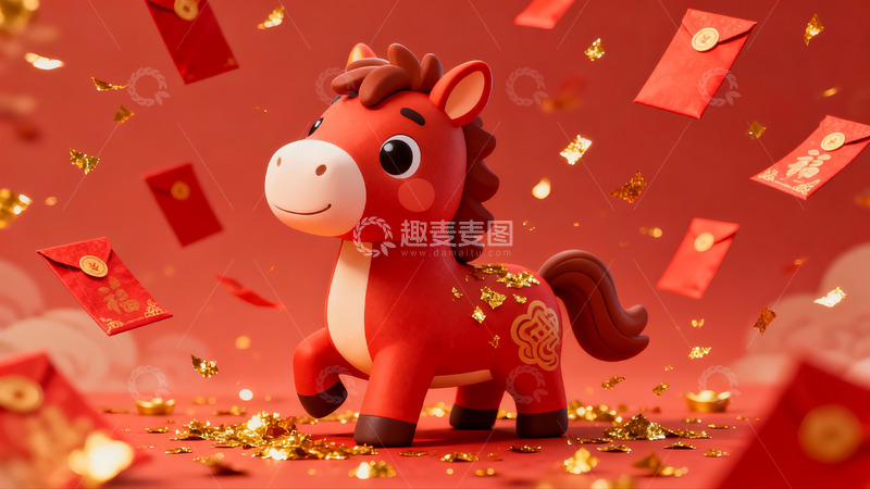 高清大图下载【趣麦麦图】红色马玩偶配红包金箔