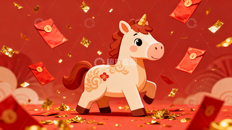 高清大图下载【趣麦麦图】卡通马年红包金箔装饰画面