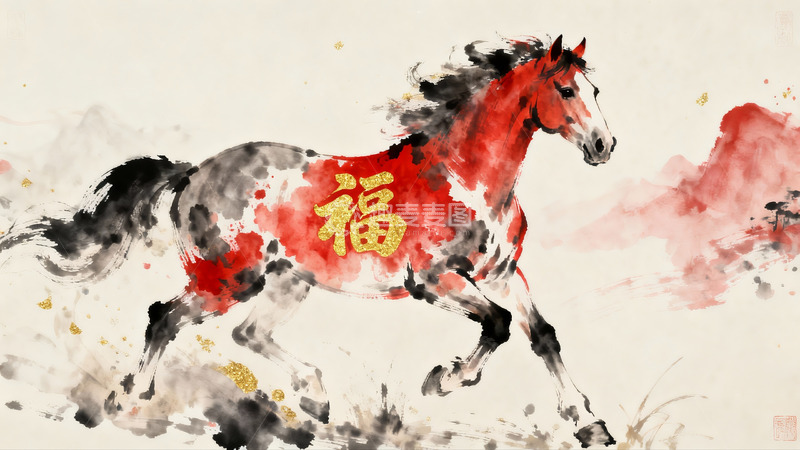高清大图下载【趣麦麦图】水墨奔马福字图