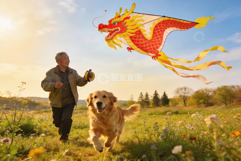 高清大图下载【趣麦麦图】老人放风筝与狗奔跑