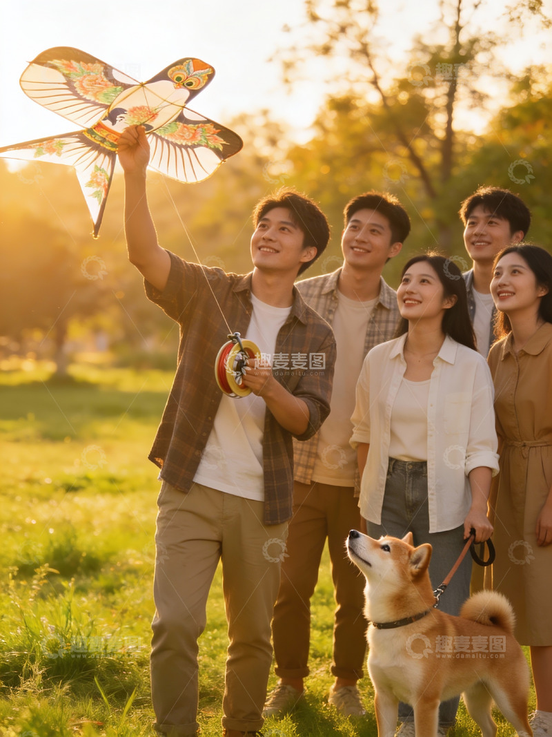 高清大图下载【趣麦麦图】青年户外放风筝与宠物狗