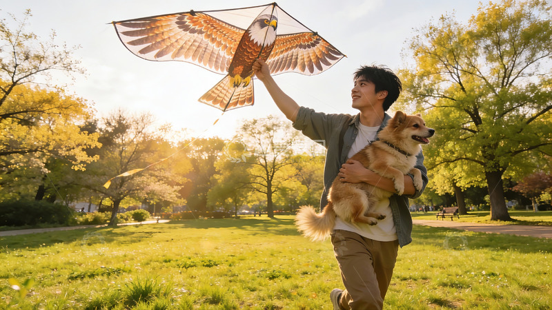 高清大图下载【趣麦麦图】男子公园放鹰风筝抱狗