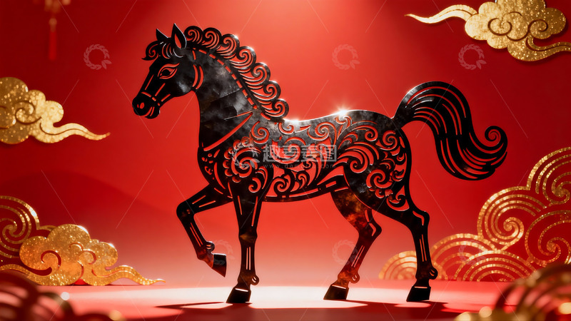 高清大图下载【趣麦麦图】红色背景下的剪纸马艺术作品
