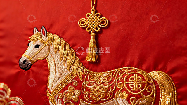 红色布料上的金色马绣品