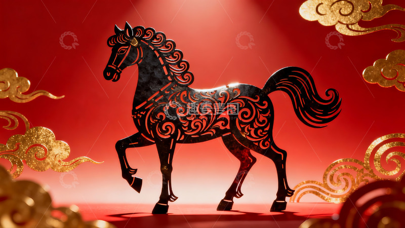 高清大图下载【趣麦麦图】红色背景上的剪纸马艺术作品