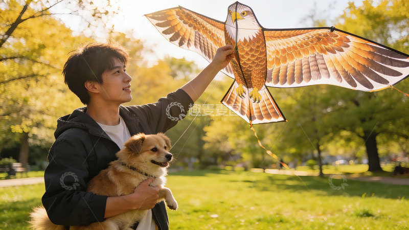 高清大图下载【趣麦麦图】青年公园放鹰风筝与宠物狗