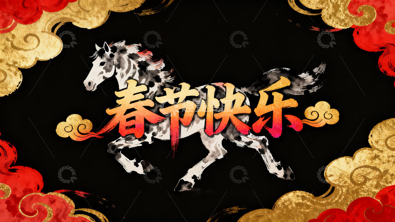 高清大图下载【趣麦麦图】春节马年水墨画祝福图