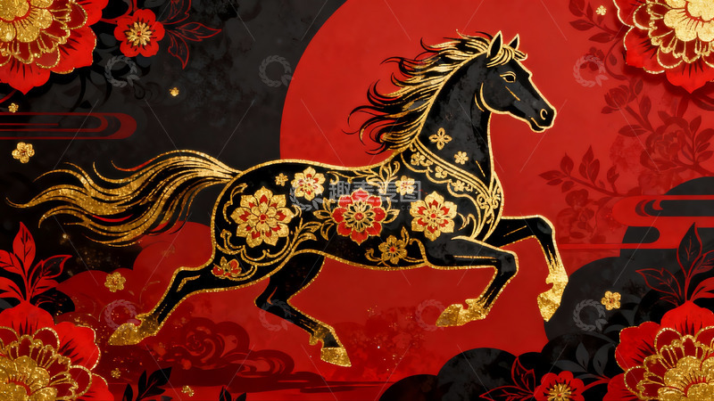 高清大图下载【趣麦麦图】金色骏马奔腾于红黑花饰背景
